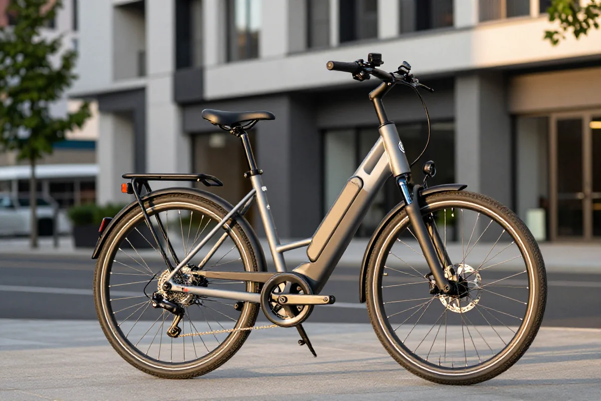 Elektryczny rower w miejskim otoczeniu, ukazujący nowoczesne komponenty.