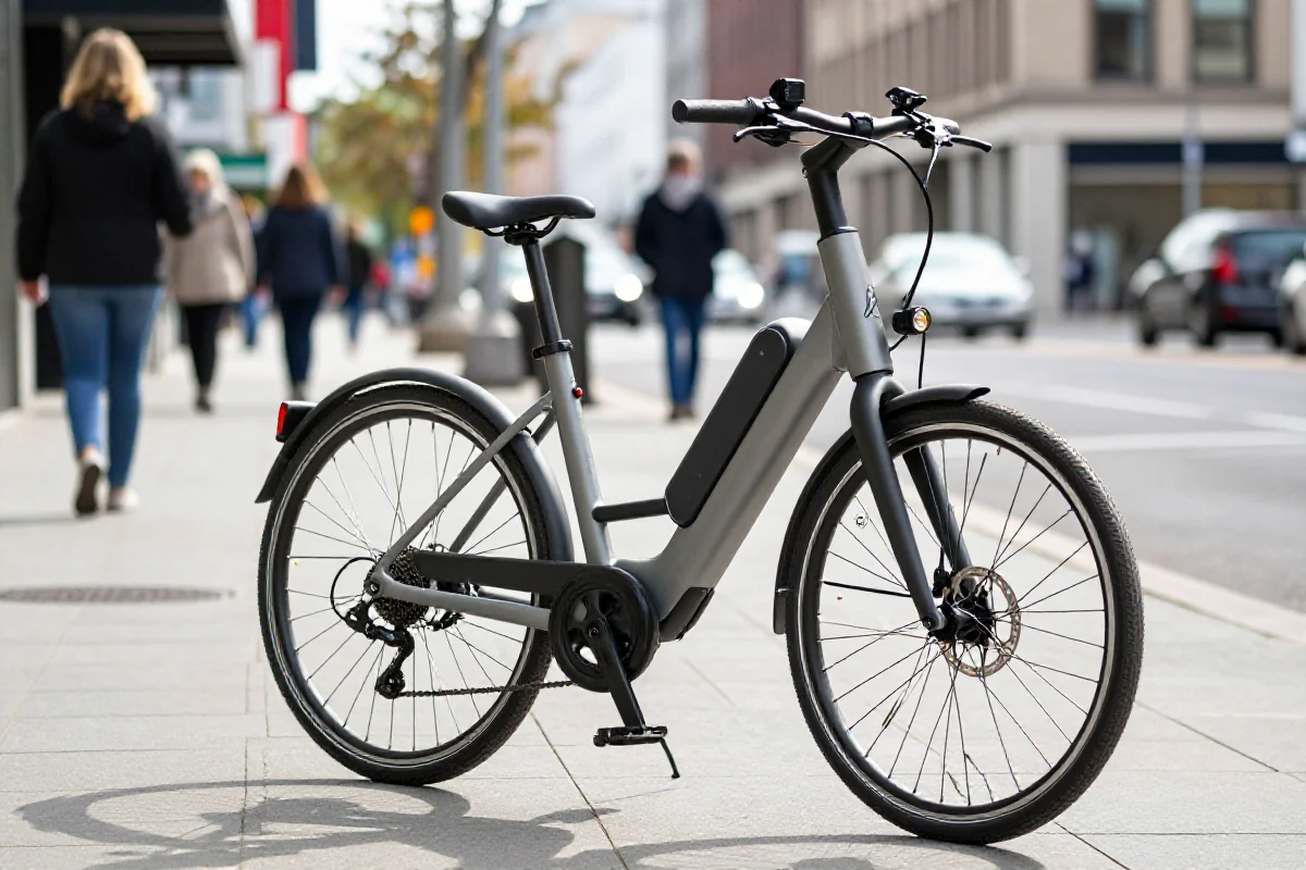Nowoczesny rower elektryczny do dojazdów na miejskim chodniku