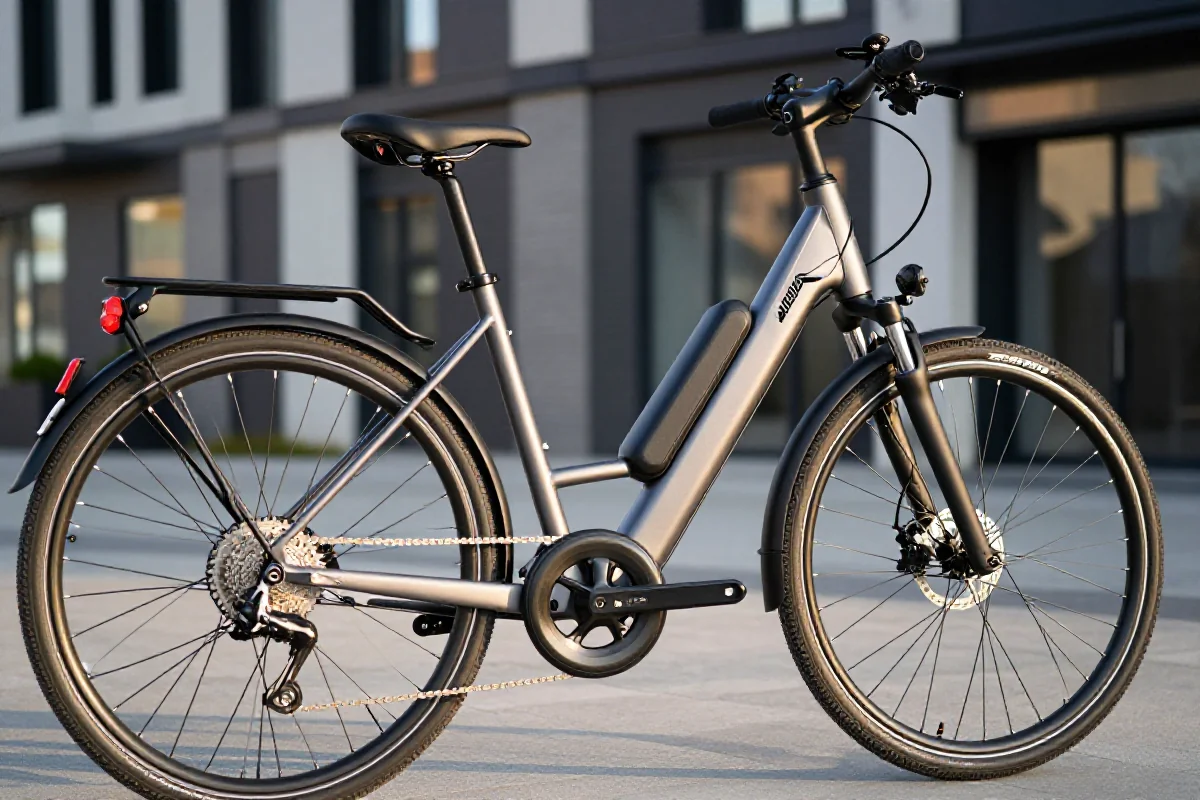 Zbliżenie na rower elektryczny w miejskim otoczeniu, pokazujący jego nowoczesny design.