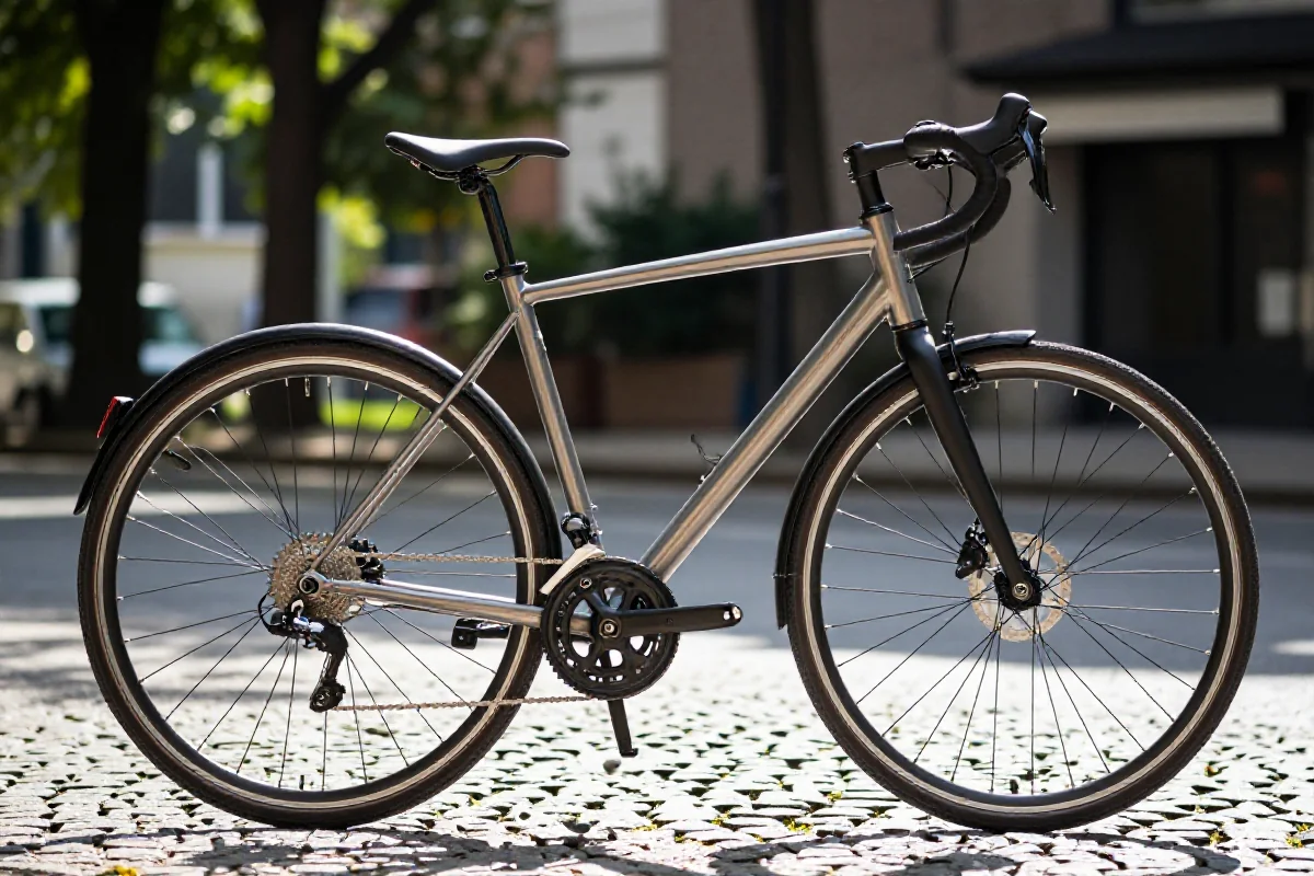 Nowoczesny rower miejski na brukowanej ulicy, idealny do treningu.