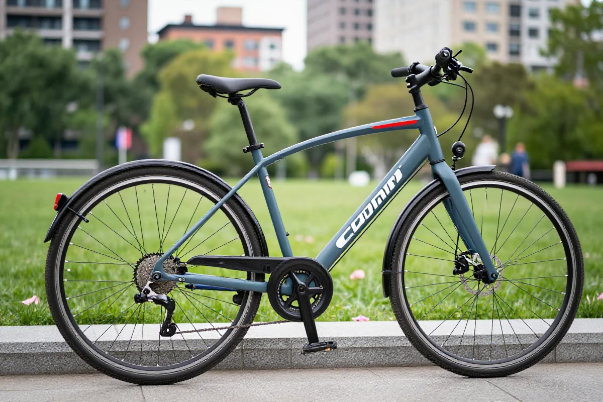 Rower miejski w parku, ukazujący detale ramy i kół.