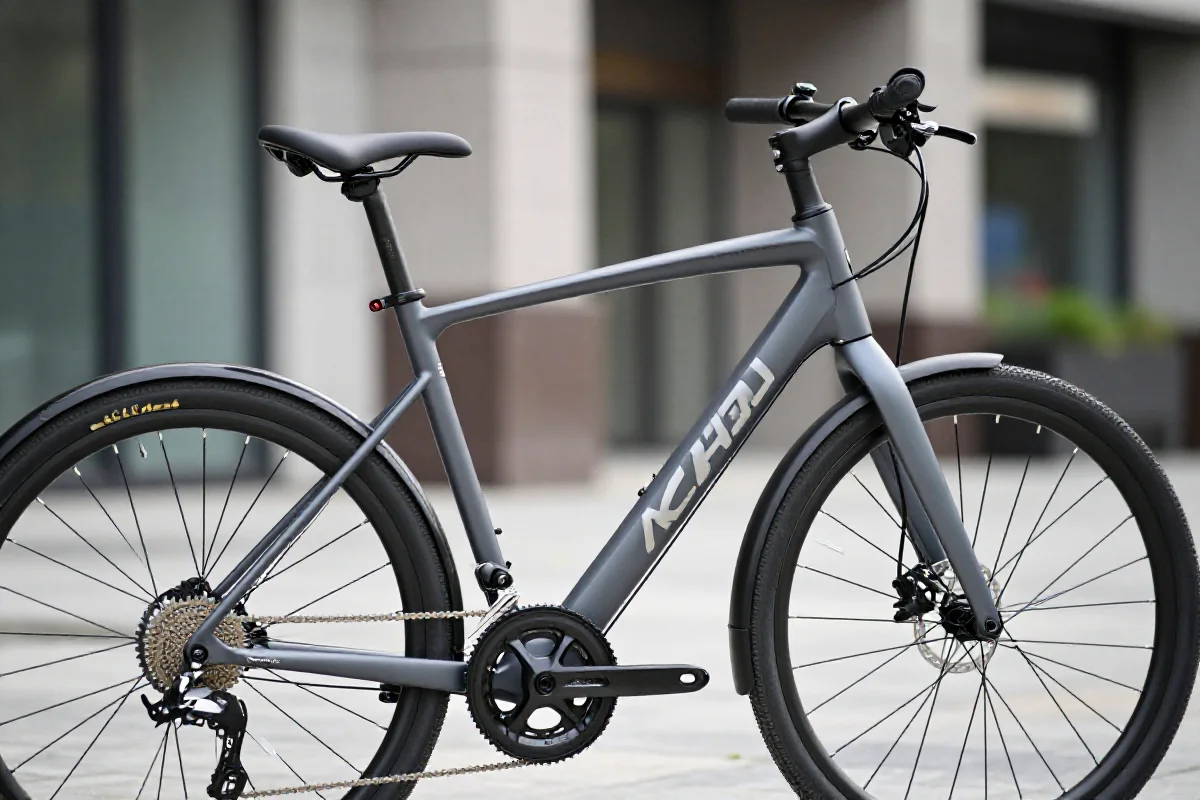 Nowoczesny rower miejski z ergonomiczną ramą i szerokimi oponami.