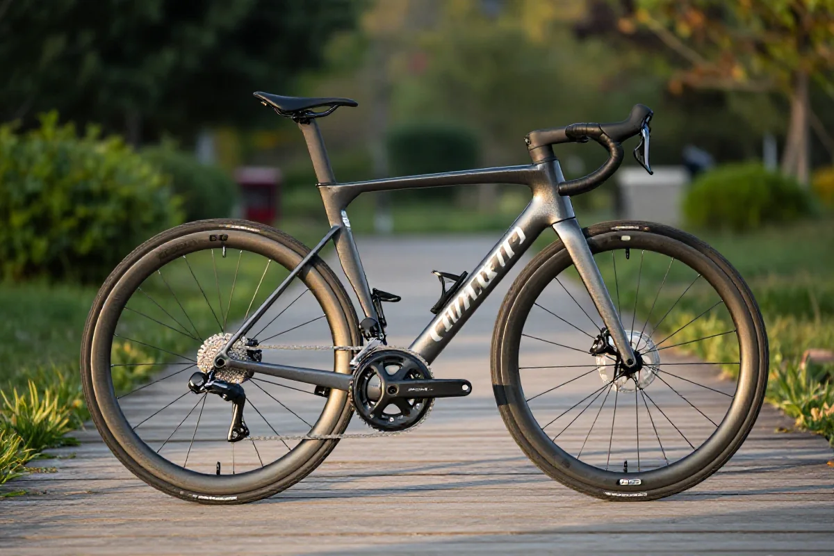 Szosowy rower na tle zieleni w parku, idealny do triathlonu.