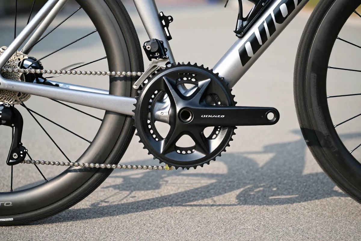 Szosowy rower z bliska, ukazujący mechanizm korbowy i suport.