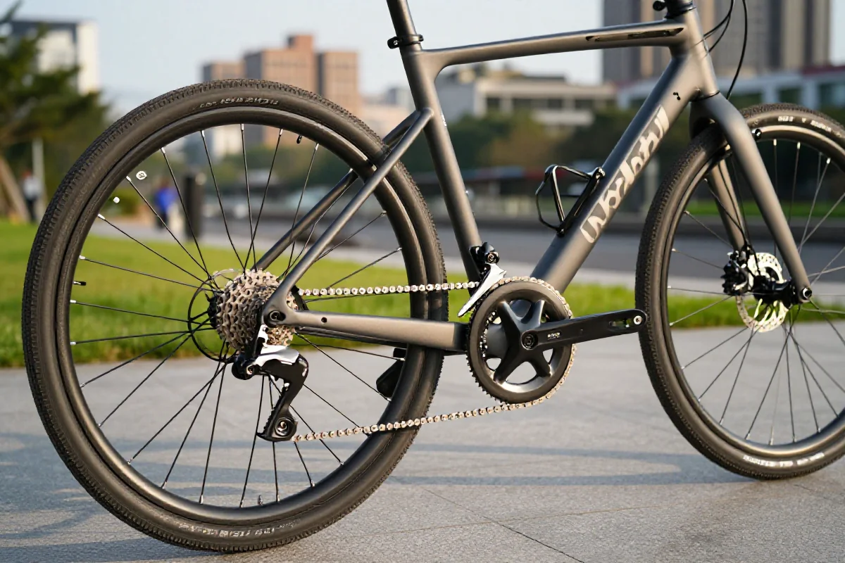 Nowoczesny rower miejski na tle miejskiego krajobrazu, ukazujący detale i komponenty.