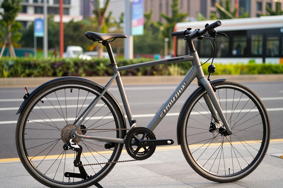 Nowoczesny rower miejski w miejskim otoczeniu z zielenią i infrastrukturą transportową.