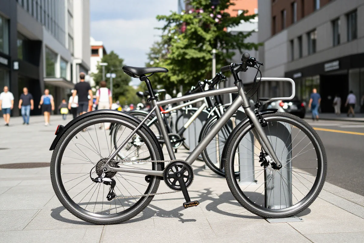 Rower miejski na stacji parkingowej w miejskim otoczeniu, promujący mobilność miejską.
