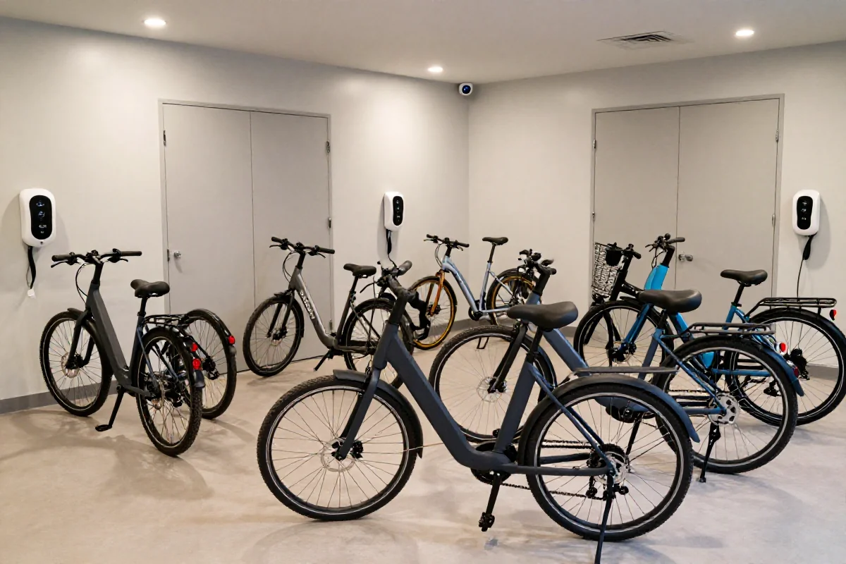 Zamykana rowerownia z zabezpieczeniami i e-bike'ami w nowoczesnym wnętrzu.