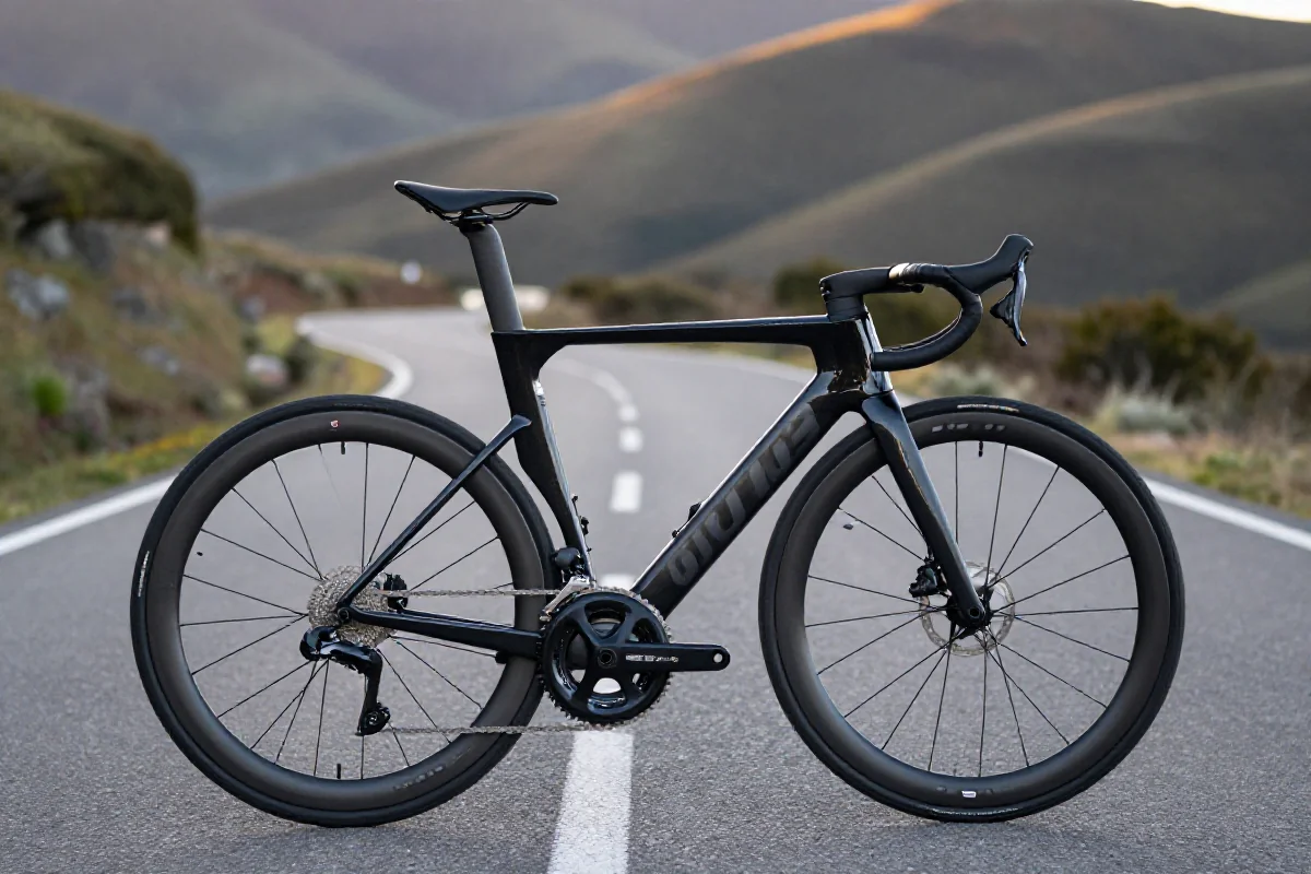 Nowoczesny rower aero na tle malowniczej drogi w terenie górskim.