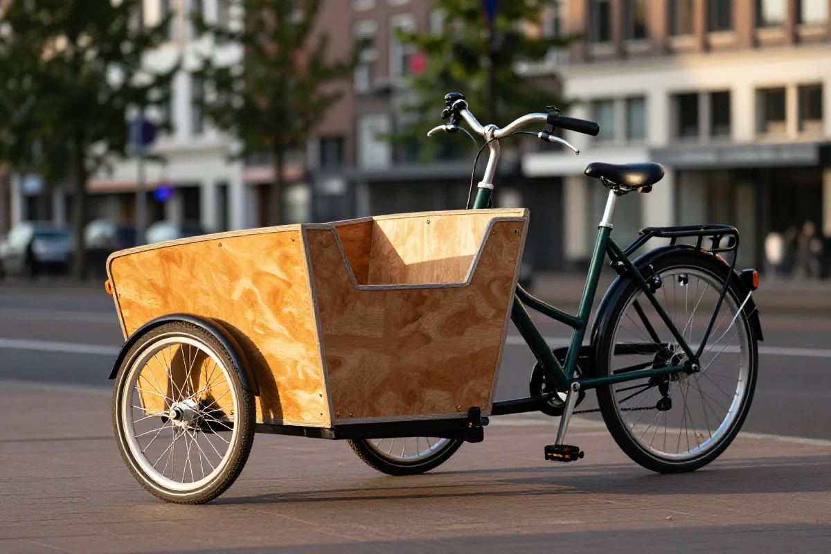 Rower cargo front-loading z dużą skrzynią w miejskim otoczeniu