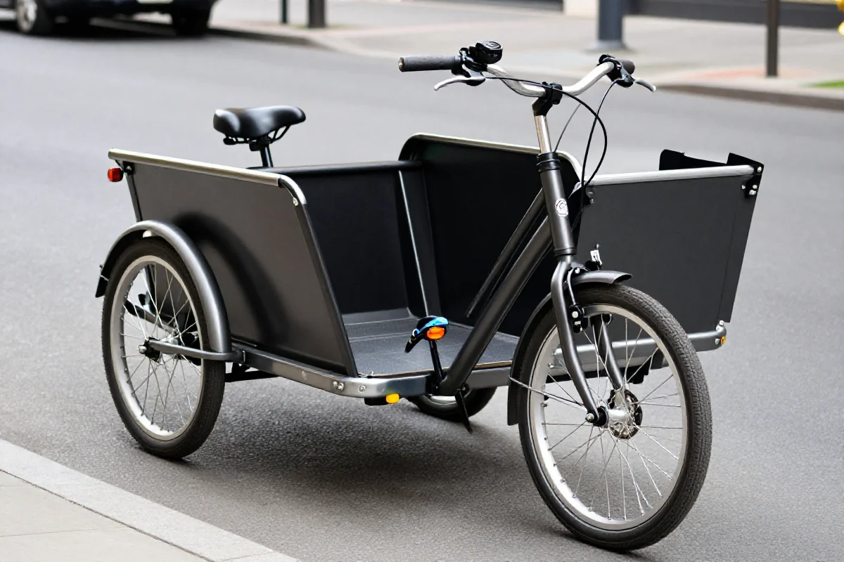 Trójkołowy rower cargo na miejskiej ulicy, idealny do transportu towarów.