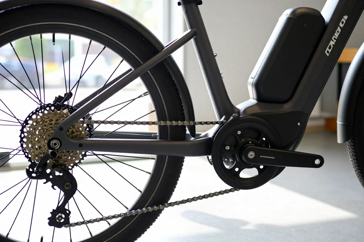 Szczegółowy widok napędu roweru elektrycznego z zębami i łańcuchem.