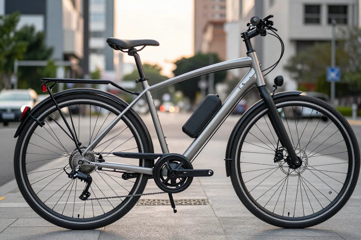 Nowoczesny rower elektryczny miejski w miejskim otoczeniu, idealny do codziennych dojazdów.