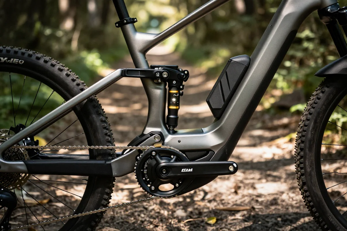 Elektryczny rower trailowy z silnikiem centralnym i baterią na leśnym szlaku.