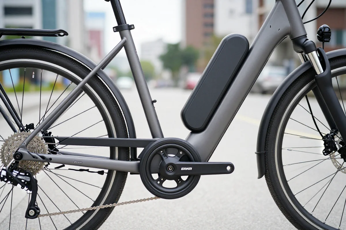 Szczegółowe zdjęcie elektrycznego roweru z widocznym napędem i akumulatorem.