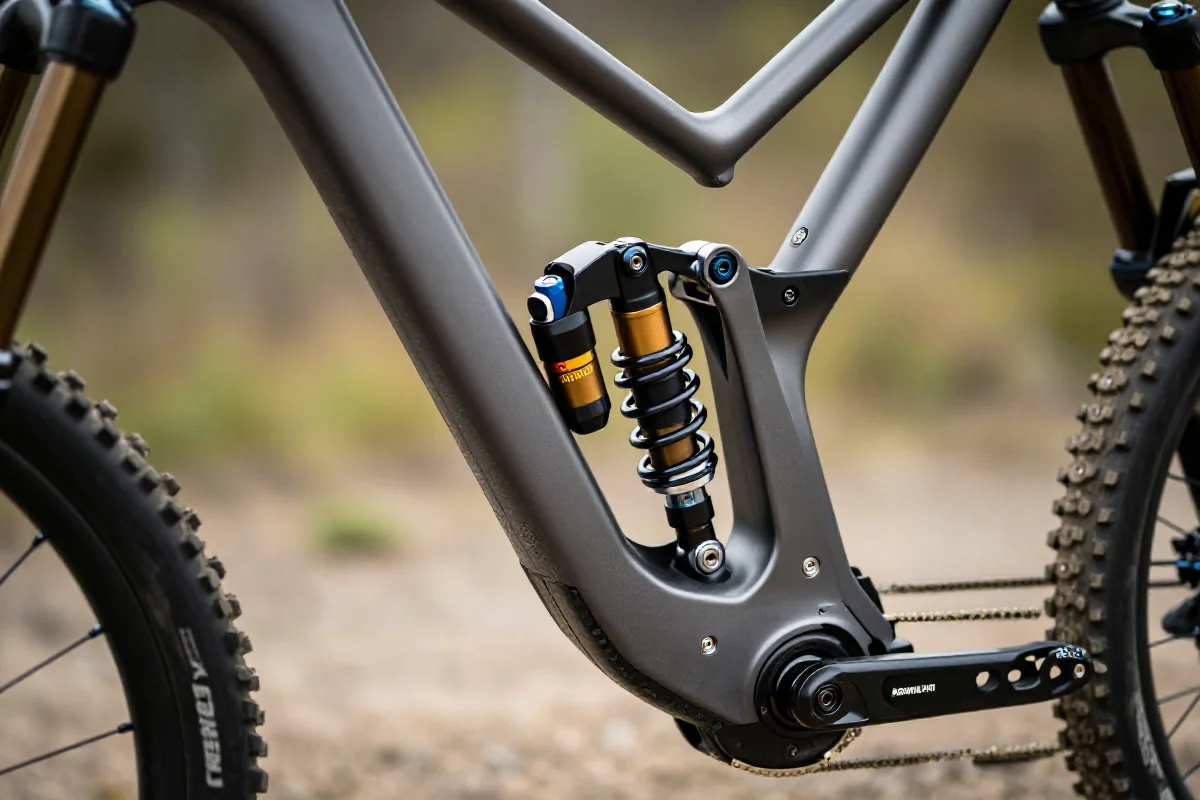 Zawieszenie roweru górskiego z zaawansowanymi technologiami i regulacjami.