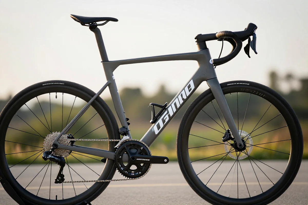 Zbliżenie na rower gran fondo, pokazujący nowoczesną geometrię i wysokiej jakości komponenty.