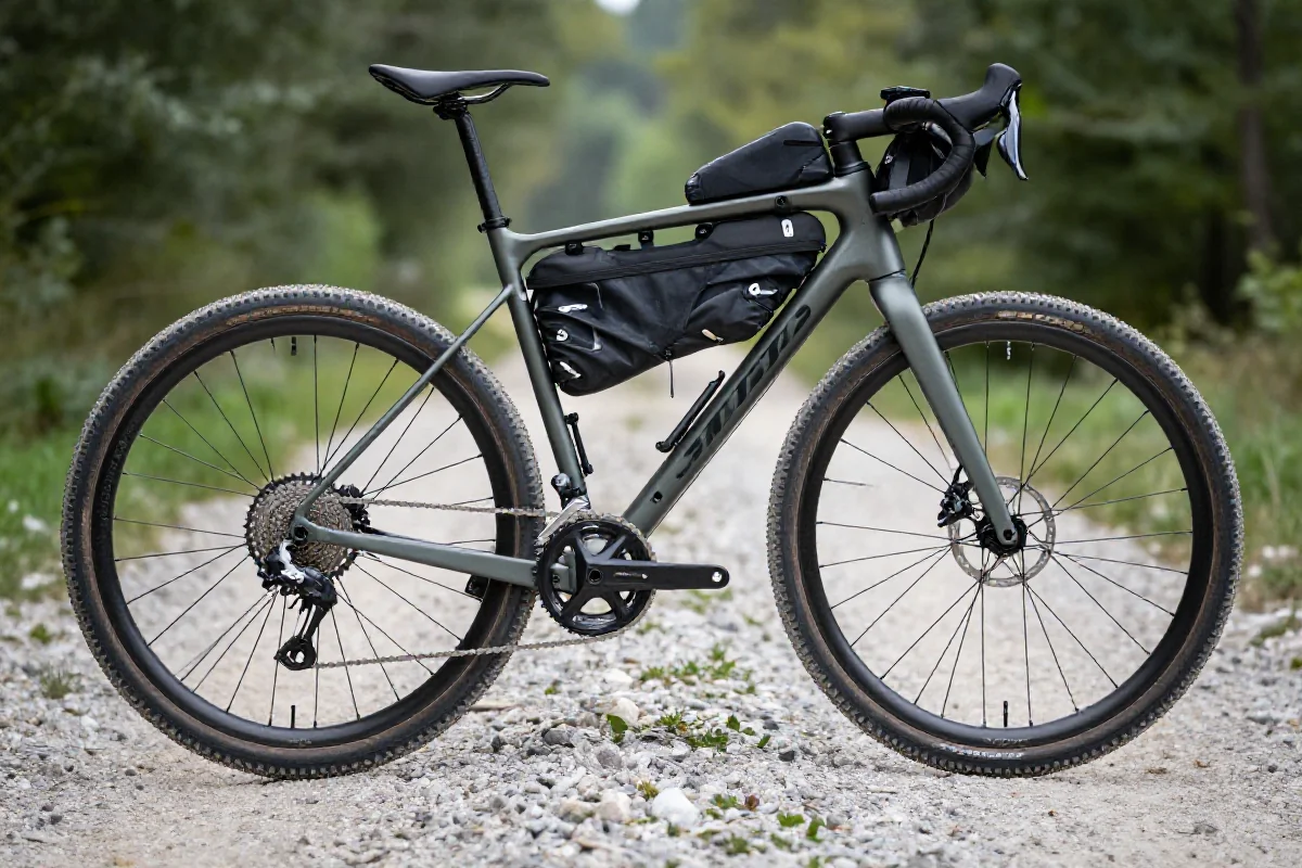 Gravel bike do bikepackingu na szutrowej drodze w otoczeniu zieleni.