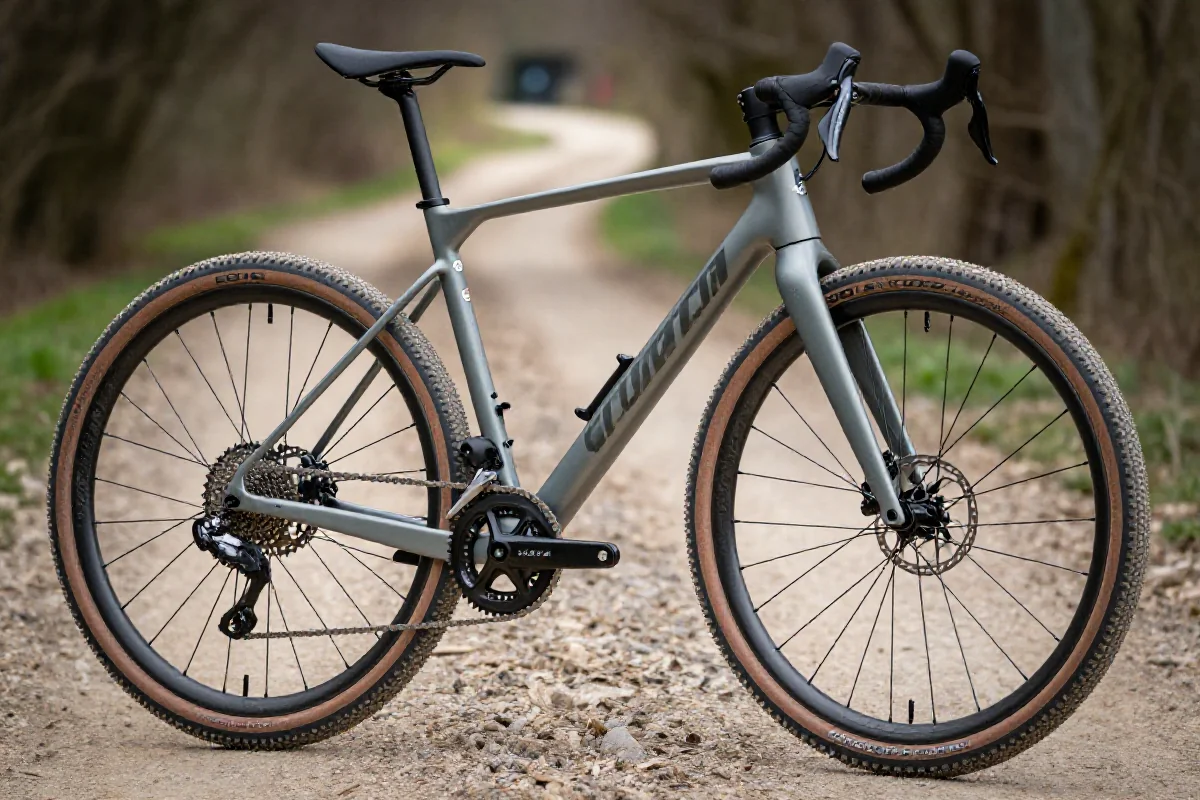 Rower gravel racing z agresywną geometrią na ścieżce leśnej.