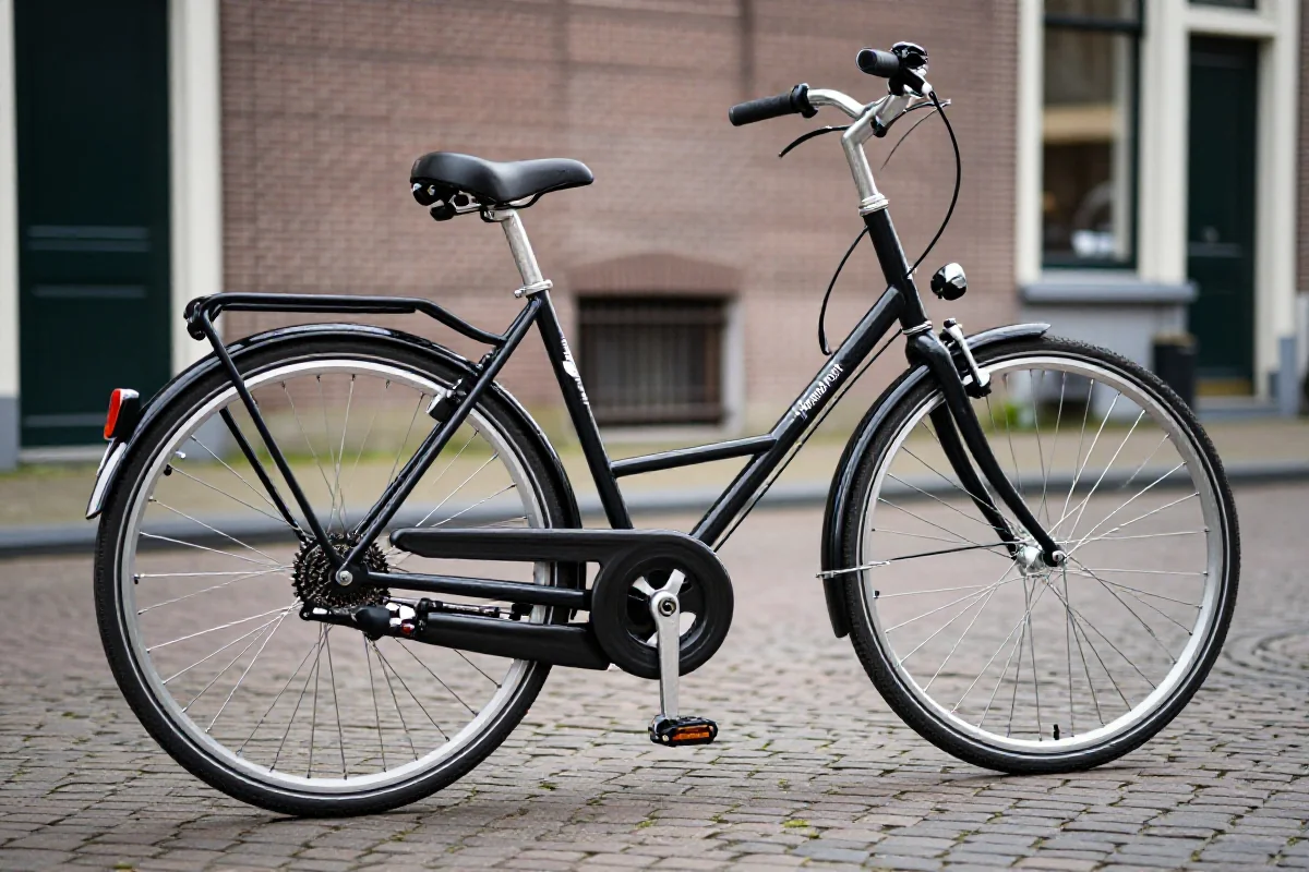 Holenderski rower miejski na brukowanej ulicy w mieście.
