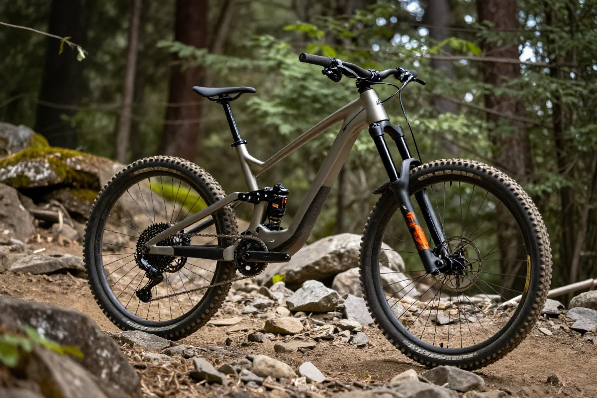 Rower enduro na skalistej trasie w lesie, z widocznym zawieszeniem.