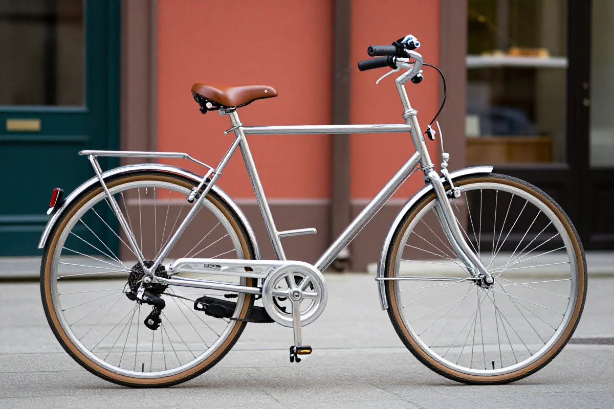 Klasyczny rower miejski z chromowo-molibdenową ramą i 28-calowymi kołami.