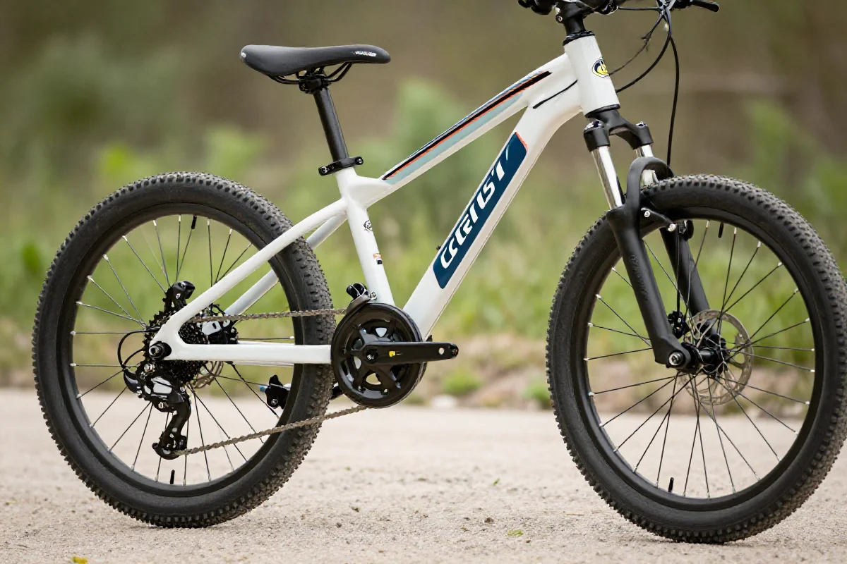 Lekki rower górski dla dzieci z widoczną geometrią ramy i komponentami.