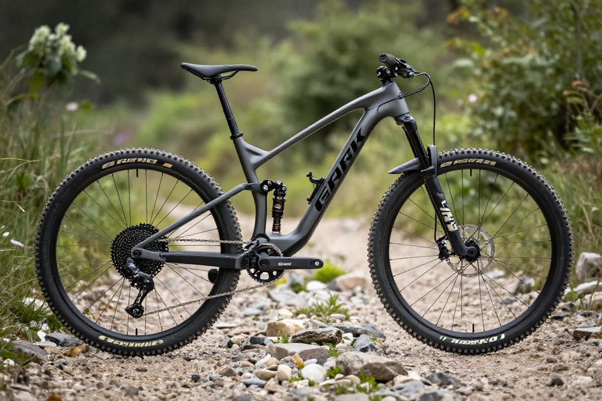 Wysokiej klasy rower MTB na szlaku, z zaawansowanymi komponentami i ramą z włókna węglowego.