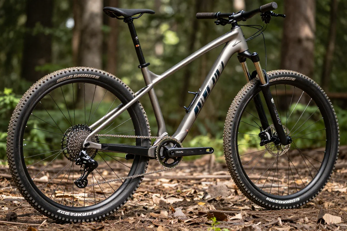 Zbliżenie na rower górski mid-range w lesie, pokazujące jego komponenty.