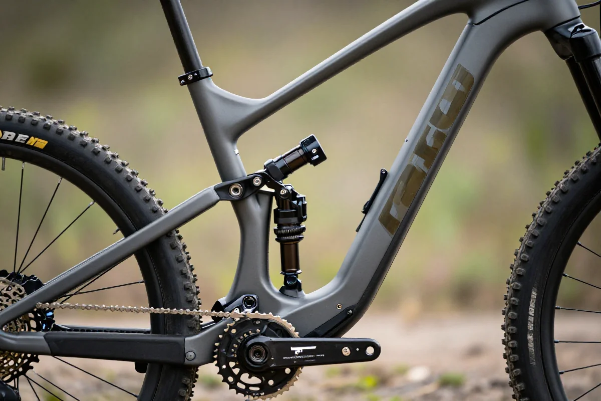 Zbliżenie na wysokiej klasy ramę roweru MTB z zaawansowanych materiałów kompozytowych