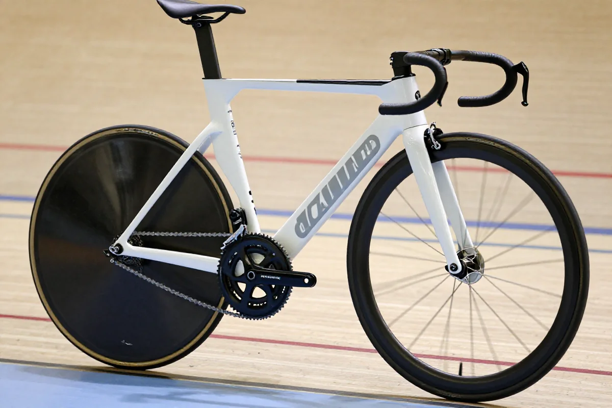 Rower torowy w torze kolarskim, z aerodynamiczną konstrukcją i napędem typu fixed gear.