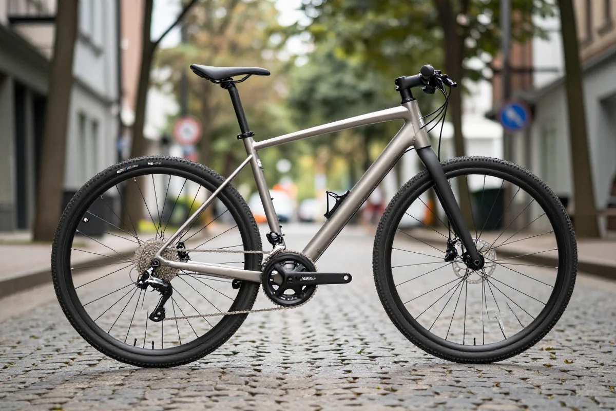 Nowoczesny rower trekkingowy na ulicy, idealny do jazdy miejskiej.