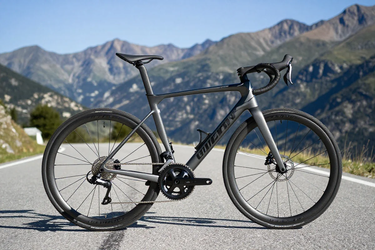 Ultralekki rower wspinaczkowy na górskiej drodze, kluczowe detale konstrukcji.