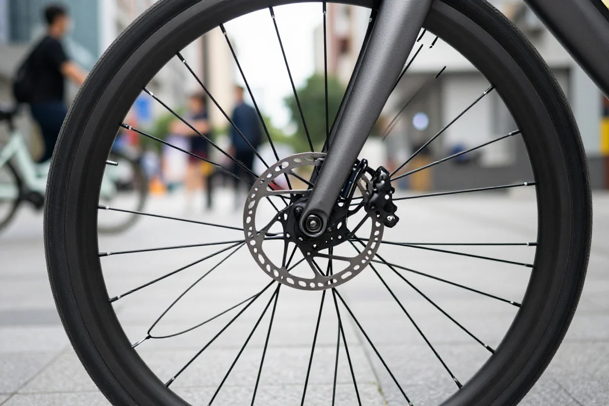 Szczegóły nowoczesnego roweru w miejskim otoczeniu, ukazujące koło i hamulce.