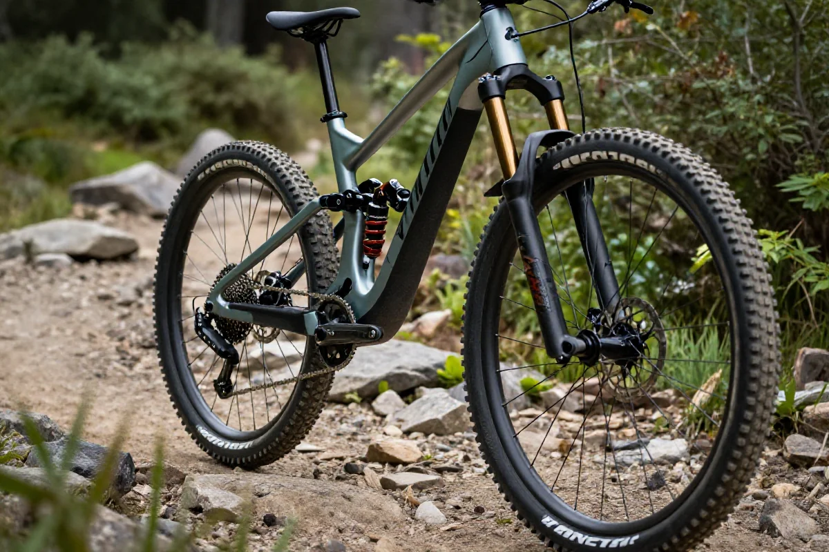 Nowoczesny rower górski na kamienistej ścieżce, z zaawansowanym zawieszeniem.