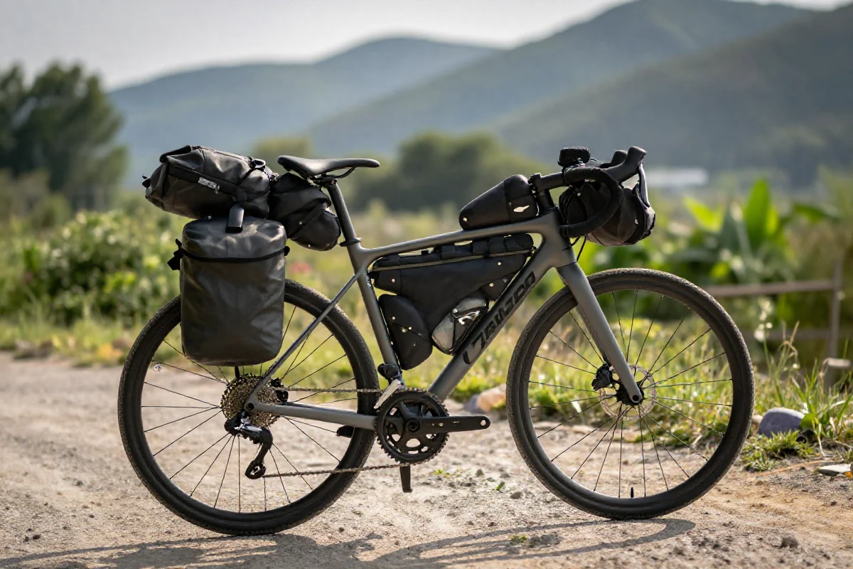 Rower szosowy z bagażem na szlaku, ilustracja rozkładu ciężaru w bikepackingu.