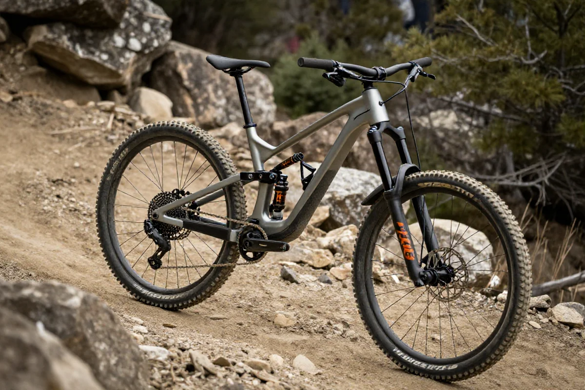 Rower górski na stromym zjeździe, pokazujący nowoczesne zawieszenie i geometrię ramy.