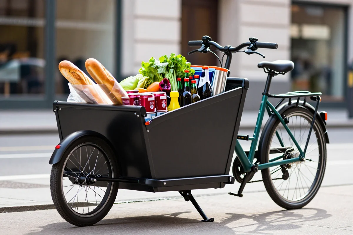 Rower cargo z prawidłowo rozłożonym ładunkiem w miejskim otoczeniu.