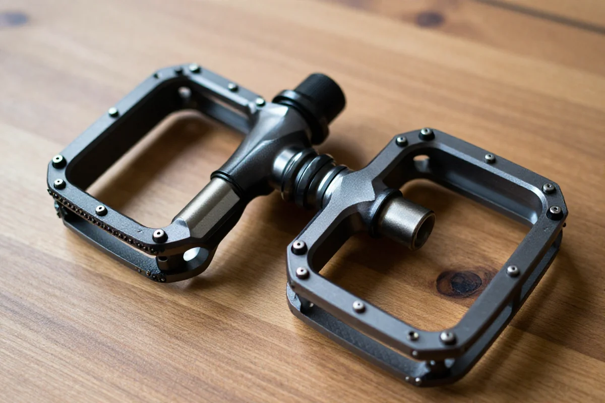 Zbliżenie na pedały platformowe MTB na drewnianej powierzchni.