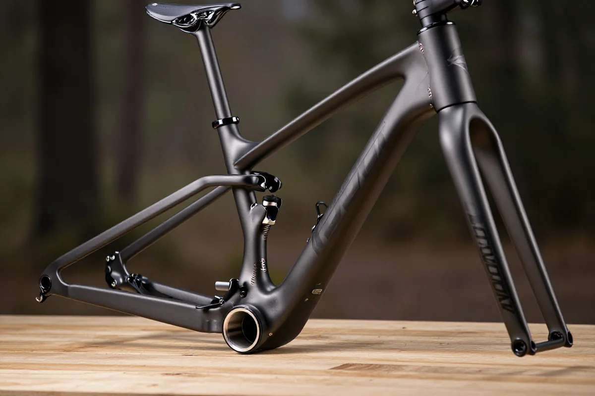 Szczegółowy widok ramy roweru górskiego na drewnianej powierzchni.