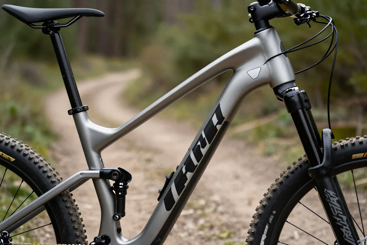 Rama roweru górskiego w naturalnym otoczeniu, ukazująca geometrię i szczegóły.