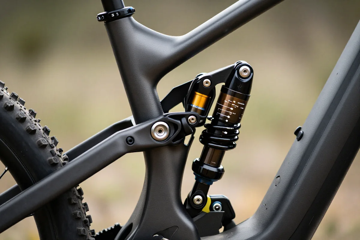 Szczegóły amortyzatora tylnego w rowerze górskim, kluczowy komponent doboru amortyzatora.
