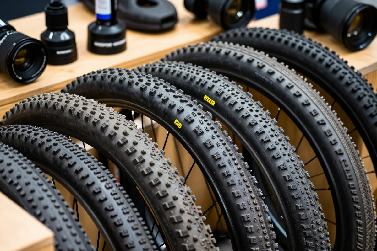 Zbliżenie na różne opony MTB o szerokości 2.1-2.8 cala na drewnianej powierzchni.