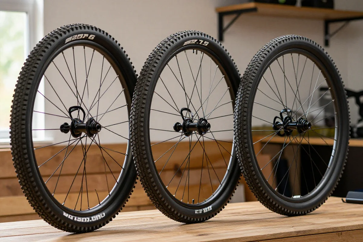 Różne rozmiary kół MTB: 26, 27.5 i 29 cali na stoliku warsztatowym.