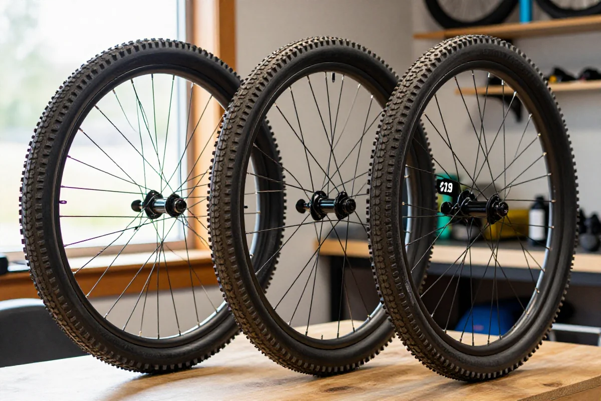 Porównanie kół MTB 26, 27.5 i 29 cali w warsztacie rowerowym.