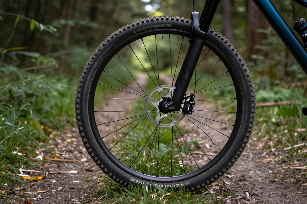 Koło roweru MTB 20 cali na ścieżce w lesie, idealne dla dzieci.