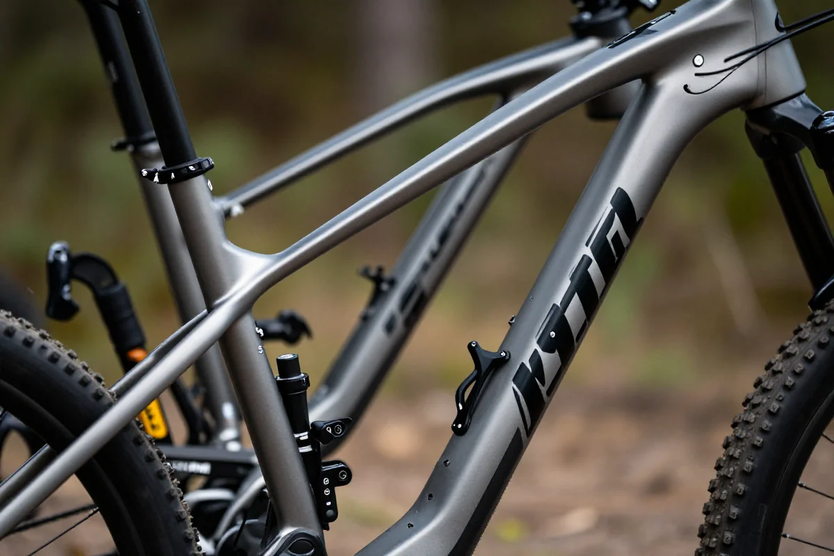 Rama MTB o różnych rozmiarach i geometriach w naturalnym otoczeniu.