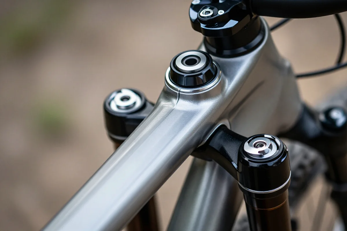 Zbliżenie na system sterowania MTB z rurą sterową 1 1/8 cala.