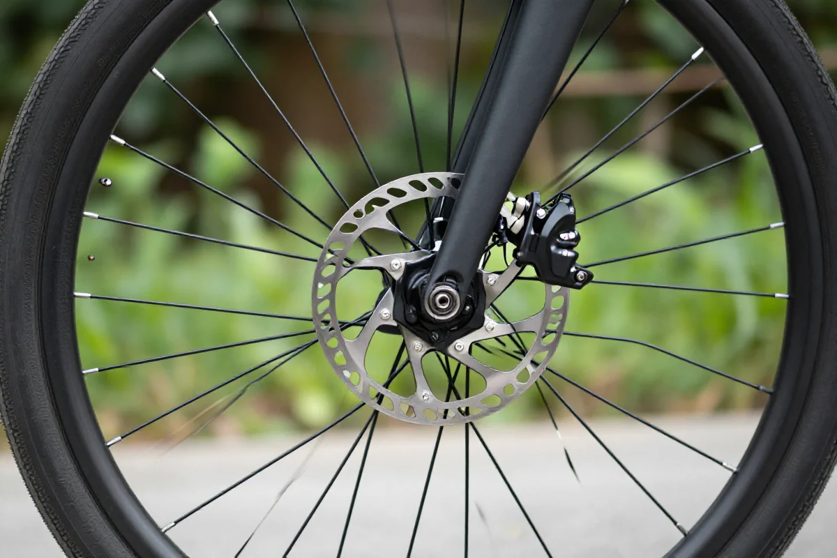 Szczegółowe zdjęcie koła rowerowego i układu hamulcowego