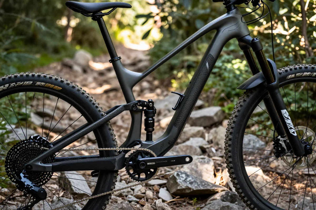 Nowoczesny rower górski z karbonową ramą na szlaku w lesie.